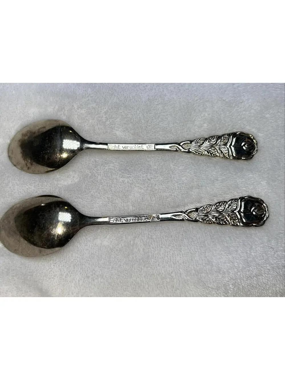Pair Of 2 Midcentury Gold Tone Dessert Spoons Flatware ECHT vergoldet Utc Stamp